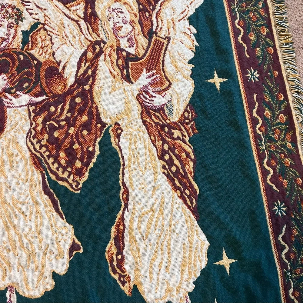 Festive Holiday Tapestry Throw blanket cover with Angels 46” x 66”